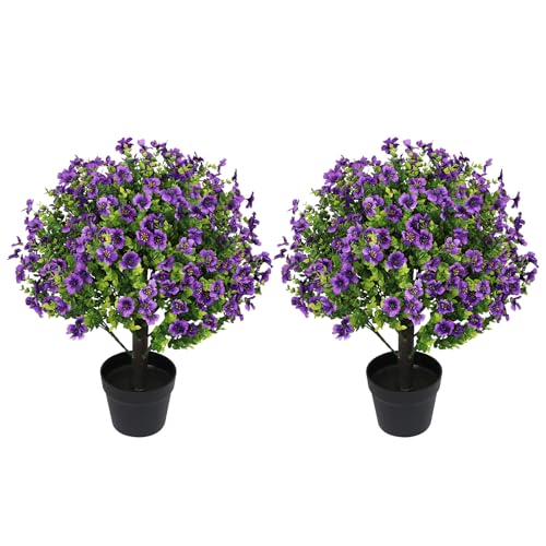 24" Artificial Potted Plants Outdoor Set of 2, UV Resistant Faux Purple Daisy Mums Flowers with Eucalyptus, Decorative Plants in Pots for Front Porch, Patio & Entryway - color: Purple, size: 24in Daisy Eucalyptus