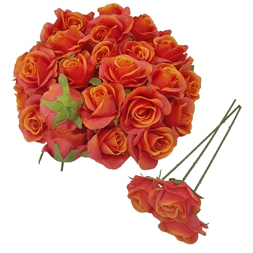 Artificial Satin Sunset Red Rose Flower Heads,42 Pcs Orange Red Silk Rose Heads with Stems,3.5'' Rose Artificial Flowers Bulk,Artificial Rose Flower Heads for DIY Crafts Bouquet (42, Sunset red) - color: Sunset