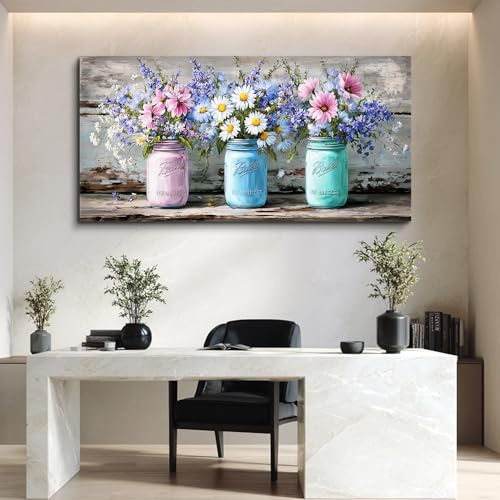 ZUITINGHUA Large Wall Decor For Living Room Canvas Wall Art For Office Modern Wall Decorations For Bedroom Mason Jar Floral Landscape Painting Vintage Pictures Artwork Room Home Decor 24x48 In - color: Vintage Mason Jar Floral, size: 48"L x 24"W