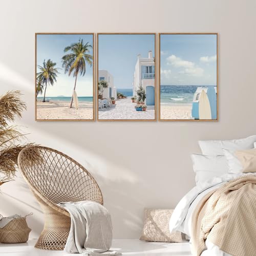 Rantodecor Beach Themed Framed Canvas Wall Art, Palm Tree Surfboard Van Wall Decor, Nordic Blue and White House Art Painting, Modern Relaxing Seascape Artwork for Bedroom Living Room Office 24"x36"x3 - color: Beach Themed, size: 36"x24"