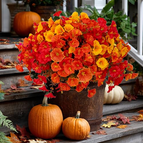 AXYLEX Artificial Fall Flowers Outdoor Fake Mums - 16 Bundles Fake Plants UV Resistant No Fade Faux Plastic Greenery Garden Morning Glory Home Decor (1, MixedFall 4 Colors) - color: Mixedfall 4 Colors