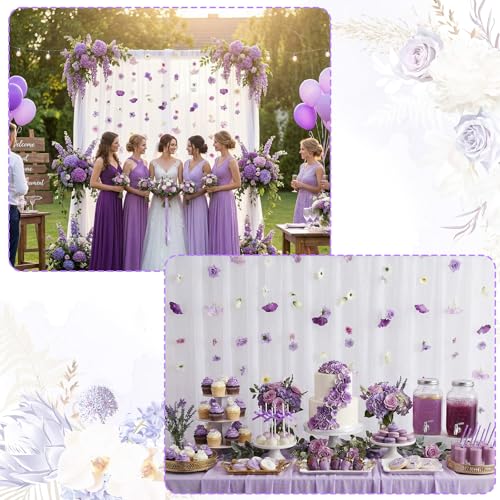 6 Pcs 35.4 Inch Artificial Purple Flower Garlands with 3 Pcs 10 Ft Wedding Tulle Table Runner Wildflower Vines Floral Table Runner Garlands for Wedding Bridal Shower Spring Tea Party - style: Purple Wildflower