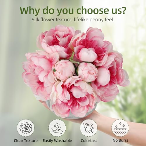 Pink Peonies Artificial Flowers in Vase, Silk Faux Peony Fake Flower Arrangements with Glass Vase and Faux Water for Home Decor Wedding Bouquets Table Centerpieces - color: Peony Vase With Faux Water, size: Pink