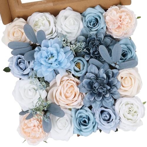 Artificial Flowers Combo Box Blue Fake Flower Bouquet Set for Wedding Centerpieces Arrangements Bridal Shower Birthday Party DIY Decorations - color: Light Blue