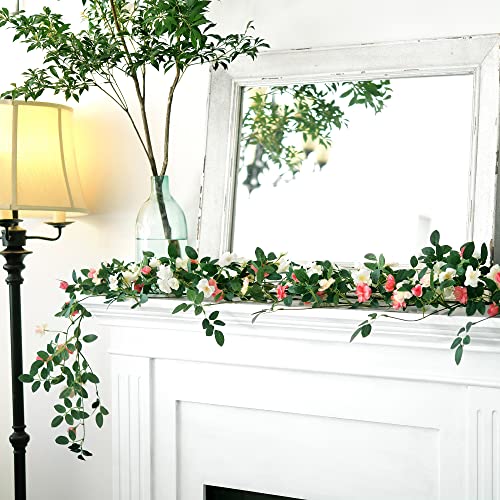 FiveSeasonStuff White Wild Rose Vine Garland, Two Faux Silk Floral Garlands with Greenery, Bendable Decorative Vines 12 ft Total - color: White