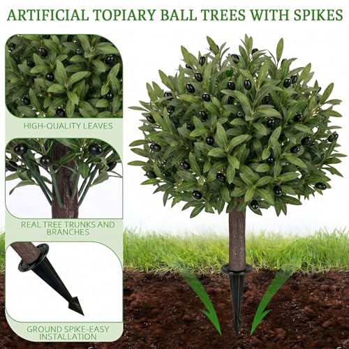 Artificial Olive Branch and Fruit Topiary Trees with Spikes for Outdoor 23" Set of 2, UV Resistant Faux Greenery Shrubs, Realistic Fake Bushes Plant for Garden Yard Front Porch Patio Decor - color: Olive