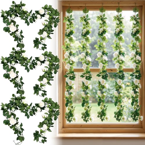Zeyune 8 Pcs 54ft Artificial White Rose Flower Garland Realistic Silk Fake Flowers Hanging Vine for Wedding Party Arch Table Centerpieces and Wall Decor, Easy to Arrange, Full and Lush - color: White