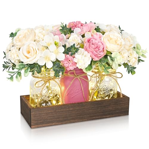 BLEUM CADE Centerpiece Table Decorations - Mason Jar Lights Centerpiece for Kitchen Dining Table Farmhouse Coffee Table Wedding Home Decor with 3 Jars Roses Artificial Flowers & Wood Tray - color: Pink-rose