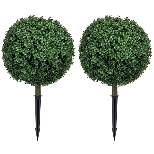 HOMCOM Set of 2 1.3ft (15.7") Artificial Boxwood Topiary Ball Bush with Integrated Ground Stake, Indoor Outdoor UV Resistant Faux Greenery, Faux Plants for Garden, Porch, Balcony