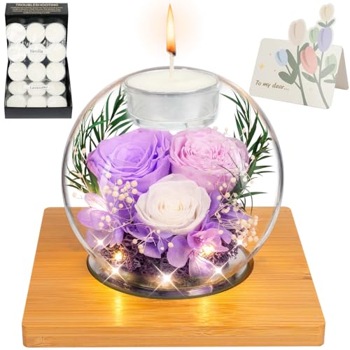 ENERLEAF Preserved Light Purple Real Rose in Glass with Scented Candles – Forever Flower Romantic Anniversary Christmas Birthday Valentines for Mom, Women, Wife, Girlfriend, Her, Grandma - color: Glass-light Purple