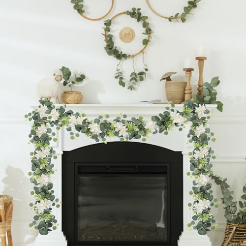 Dremisland Artificial Flowers Garlands 2 Pack 12Ft Artificial Eucalyptus Garland with Dahlia Flower Hanging Flowers Vines Spring Garland for Backdrop Wedding Arch Bedroom Home Wall Room Decor - size: 2PCS