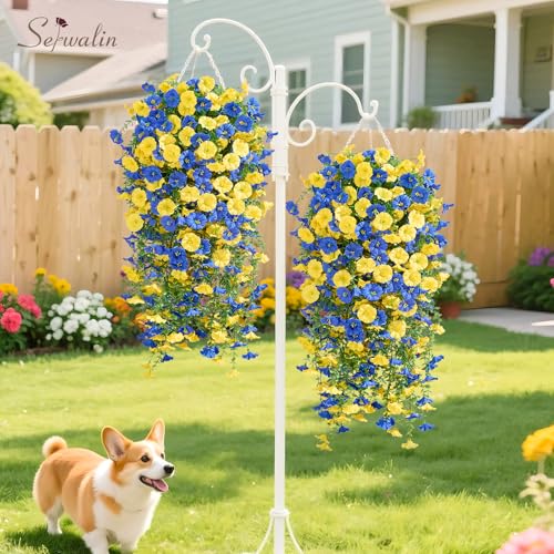 Serwalin Artificial Hanging Flowers for Outdoors Faux Plants, 4PCS Faux Morning Glory Fake Outdoor Flowers UV Resistant Realistic Silk Flower for Outside Planter Front Door Porch Patio Yard Decor - color: Yellow& Blue