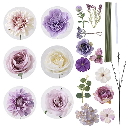 Garisey Artificial Flowers Combo Box Set Purple Fake Silk Flower for DIY Wedding Bouquet Arrangements Bridal Shower Party Home Decorations(White Purple Peony) - color: White Purple Peony