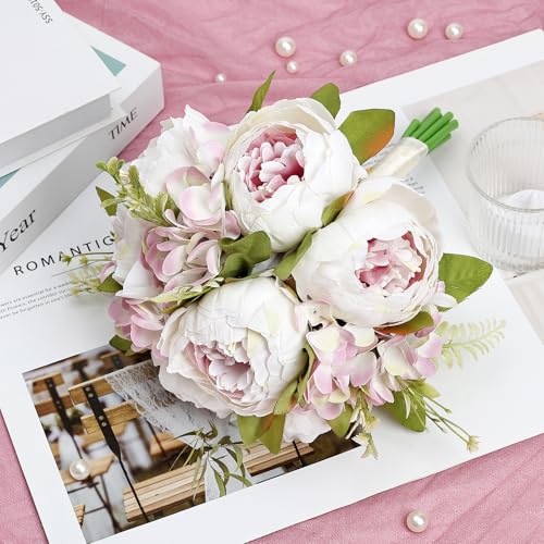 White & Purple Bridesmaid Bouquet for Wedding, an Artificial Silk Peonies Flowers Bouquet for Marriage Decorations - color: White & Purple