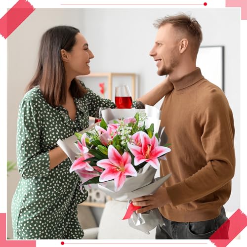 XunYee 16 Pcs Artificial Tiger Lily Flowers Lifelike Touch Lily Latex Lilies Flowers Artificial Bouquet Faux Latex with Rods for Summer Home Decoration Birthday(Pink and Green) - color: Pink and Green