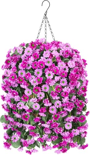 INXUGAO Hanging Baskets Artificial Flowers for Outdoor Interior Decor, Artificial Daisies Flowers Shrubs Plants with Baskets for Home Porch Garden Patio Spring Summer Decoration(Double Lotus) - color: A-double Lotus