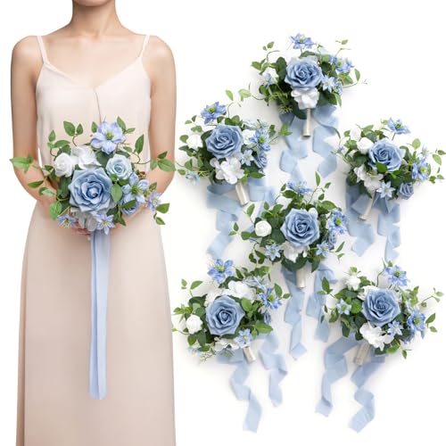 Ling's moment Artificial Bridesmaid Bouquets Set of 6,Dusty Blue Wedding Flower Bouquets Blue Rose Floral Bouquet Bridal Bouquets with Ribbon Ceremony Anniversary,7-inch Diameter - color: Bl-dusty Blue & Cream