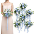 Ling's moment Artificial Bridesmaid Bouquets Set of 6,Dusty Blue Wedding Flower Bouquets Blue Rose Floral Bouquet Bridal Bouquets with Ribbon Ceremony Anniversary,7-inch Diameter - color: Bl-dusty Blue & Cream