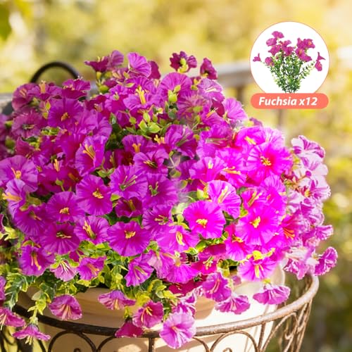BSGlobal 12 Bundles Artificial Flowers for Outdoors Decoration, Faux Silk Morning Glory Flowers UV Resistant Fake Eucalyptus Plants for Spring Summer Garden Patio Home Decor (Fuchsia) - color: Fuchsia