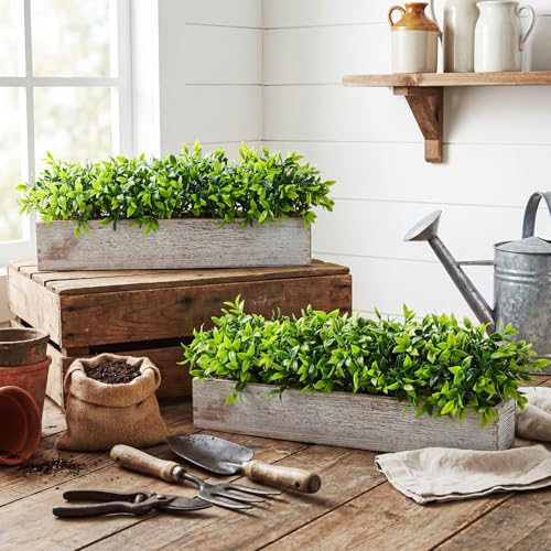 Lyrow 2 Pack 24 '' Artificial Eucalyptus Plants in Rectangular Rustic Wooden Planter Box Faux Potted Herb Plant Greenery Centerpiece for Cabinet Windowsill Table Shelf Wedding Decor (Whitewashed) - color: White, size: 24 ''