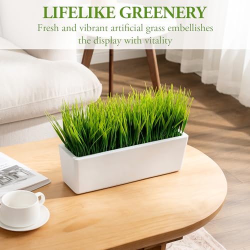 MyGift 14 Inch Artificial Green Grass Plant in Modern White Concrete Planter Window Box, Tabletop Faux Greenery in Decorative Rectangular Cement Container - color: White Concrete