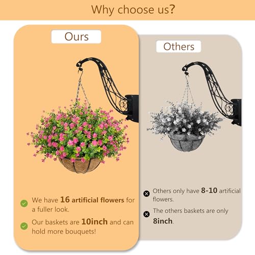 NETAP Artificial Hanging Flowers Basket for Outdoor, 16 Fake Flowers Look Real UV Resistant, Faux Hanging Plants for Porch, Balcony, Patio, Garden, Spring Summer Decor,Pink - color: Pink