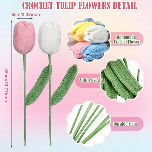Shihanee 10 Pcs Tulip Crochet Flowers Bouquet Handmade Knitted Flower Decor Birthday Gifts for Women Grandma Spring Home Vase Centerpiece, 13.7", Vase Not Inchluded(Purple, White, Pink, Yellow, Blue) - color: Purple, White, Pink, Yellow, Blue