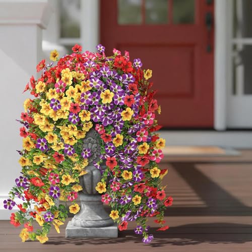 4 Bundles Artificial Hanging Morning Glory Flowers for Outdoor, Realistic Hanging Flowers Silk Fake Morning Glory with Faux Eucalyptus for Yard Garden Porch Patio Balcony Home Decor (Mixed Color) - color: Mixed Color