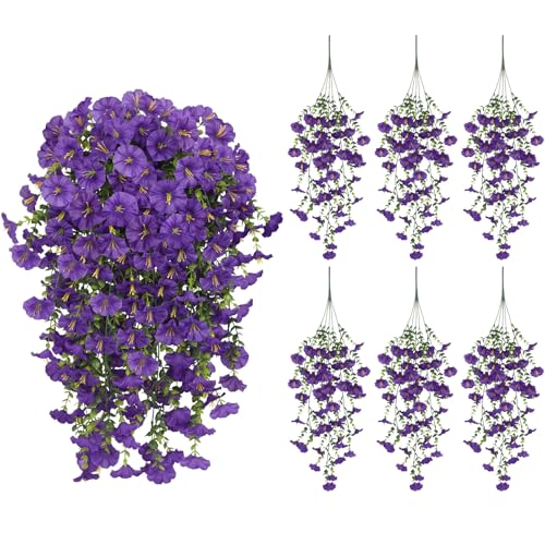 6PCS Artificial Hanging Morning Glory Flowers for Outdoor, UV Resistant Silk Faux Flowers with Realistic Eucalyptus Plants for Home Office Garden Patio Window Basket Decor(Purple) - color: Purple