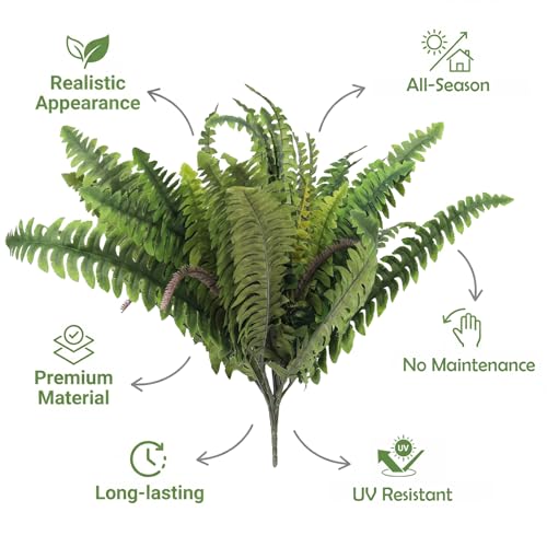 Bdor 2 Pack 25" Artificial Boston Fern Stems, Large Faux Fern Plants Silk Greenery Bushes for Indoor Outdoor Decoration, Realistic Fake Ferns for Home Garden Office Wedding Patio Decor