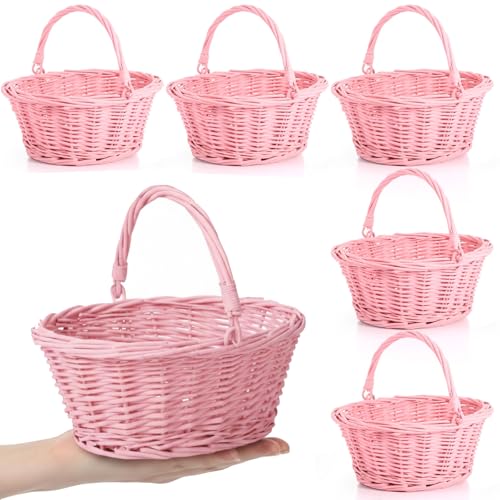 Barydat Small Wicker Basket with Handle Flower Girl Baskets Oval Willow Woven Braided Gift Basket for Weddings Picnic Baby Shower Home Garden Decor(6 Pcs,Pink,9" x 7" x 4") - color: Pink, size: 9" x 7" x 4"