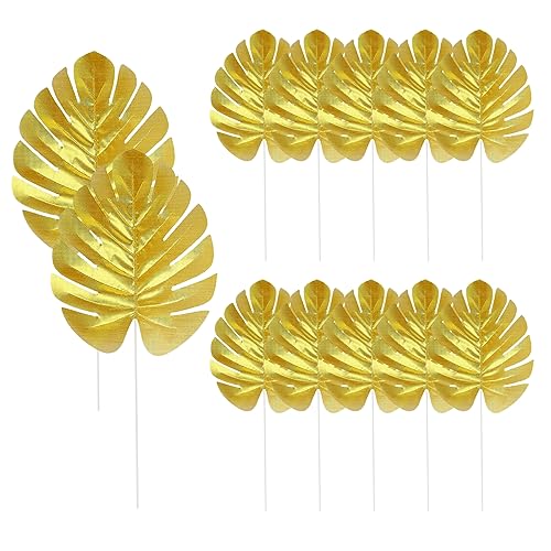 12 Pieces Artificial Palm Leaves, Golden Faux Tropical Monstera Leaves for Safari Jungle Hawaiian Luau Party, Table and Wall Decorations - size: 12.2x5.9 in