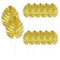 12 Pieces Artificial Palm Leaves, Golden Faux Tropical Monstera Leaves for Safari Jungle Hawaiian Luau Party, Table and Wall Decorations - size: 12.2x5.9 in