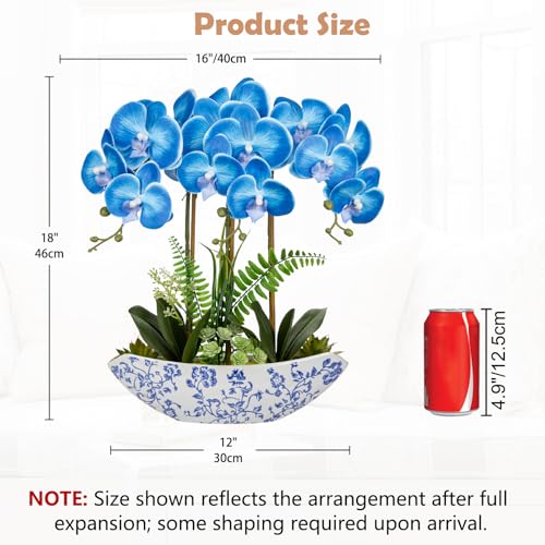 Briful Blue Orchid Artificial Flowers 18in Fake Orchid Silk Flowers with Blue and White Ceramic Pot Faux Orchid Arrangement for Home Office Room Dining Table Centerpiece Modern Decor - color: Blue-floral Pattern Vase