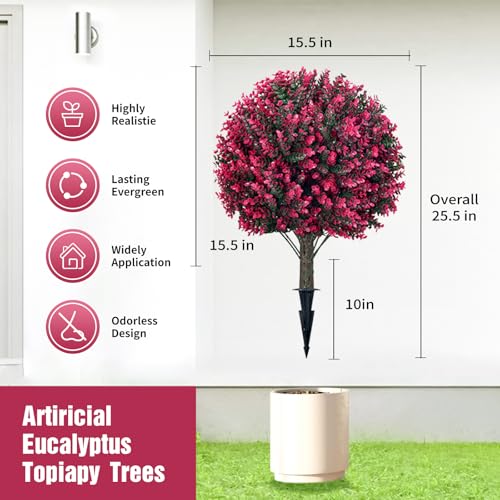 Artificial Red Eucalyptus Topiary Ball Tree, Outdoor Faux Evergreen Shrubs with Ground Spike, UV Resistant Fade Proof Fake Plants, Set of 4 for Garden Patio Yard Indoor Deco .25Inch - color: Pink-coloured