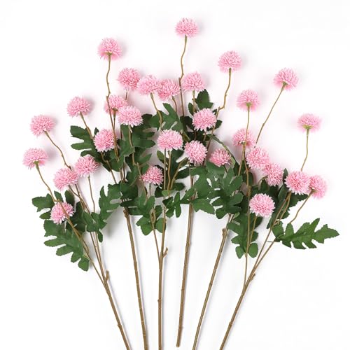 mizii 6Pcs Pink Fake Silk Pompon Mum Artificial Flowers Bulk Small Faux Chrysanthemums with Stems Realistic Floral Decorations for Wedding DIY Bouquet Centerpieces Shower Vase Home Decor (Pink) - color: Pink