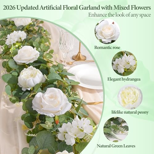 Livole 6 FT Artificial Flower Garland Real Touch Fake White Floral Rose Peony Garland with Eucalyptus Flower Hanging Vine for Wedding Table Centerpieces Backdrop Party Arch Home Decorations - color: White, size: 1 Pc