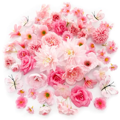 Artificial Flowers Heads Pink Silk Faux Flower Heads Fake Roses Peonies Lily Daisy Flowers Bulk for DIY Craft Cake Wedding Party Bridal Baby Shower Graduation Cap Table Home Decoration - color: Pink