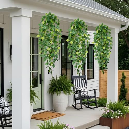 6Pcs Artificial Pothos Fake Hanging Plants Vines Faux Hanging Plants Fake Ivy Vines Pothos Leaves Artificial Greenery for Aesthetic Wall Kitchen Bedroom Shelf Living Patio Home Indoor Outdoor Decor - color: Green-6pcs