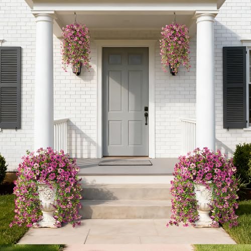 Artificial Hanging Flowers for Outdoors, 2 Pcs Fake Hanging Flowers Spring Summer Decor, UV Resistant Faux Artificial Outdoor Plants for Planter Front Door Porch Patio Garden Yard(Gradient Purple Red) - color: Gradient Purple Red