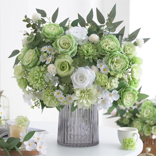 10 Pcs Mixed Artificial Flowers Set, Artificial Peony Bouquet Fake Rose Flower Silk Floral Arrangements for Table Centerpiece Home Wedding Party Bridal Vase Decoration(Green, 6 Bouquets & 4 Stems) - color: Green, size: Mixed 10pcs