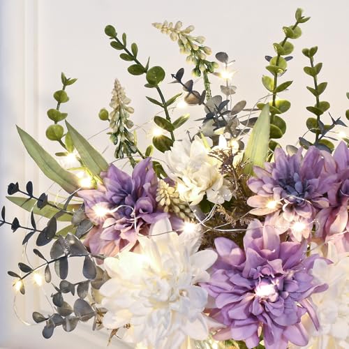 MARTINE MALL Fake Flowers in Vase with Lights, Faux Flowers in Vase, Dahlia Artificial Flowers in Vase Centerpiece Table Decorations Artificial Flower Arrangement for Home Dining Room Farmhouse - color: Purple With Lights
