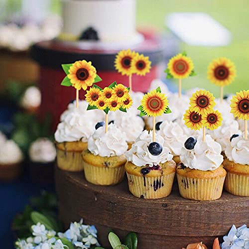 36Pcs Printed Sunflowers Cupcake Toppers Yellow Flowers Cupcake Picks for Yellow Floral Birthday Party Sunflower Theme Baby Shower Wedding Anniversary Graduation Party Cake Cupcake Decorations - color: Sunflowers
