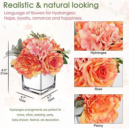 GnFlus Artificial Flowers in Vase Fake Silk Hydrangea Rose Flower Arrangement Faux Potted Flowers for Indoor Home Bathroom Office Table Shelf Decor, Orange - color: Orange, size: 3-in-1