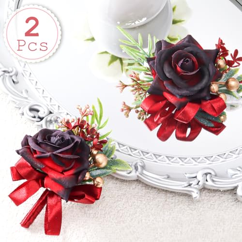 2 Pcs Wine Red Rose Wrist Corsage and Boutonniere Set, Rose Corsage Hand for Women, Boutonniere for Men Wedding Artificial Flowers Accessories Prom Decor, Party Accessories (Wine Red) - color: Wine Red