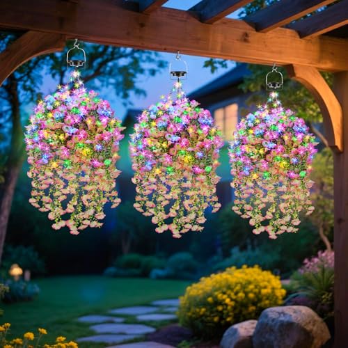 GOESWELL Outdoor Hanging Artificial Flowers Basket: Fake Plants Hanging Basket with Solar String Lights for Home Garden Enthusiasts- Realistic Faux Silk Flower Baskets for Porch Wall Patio Tree Decor - size: 10inch, style: morning glory - pink white