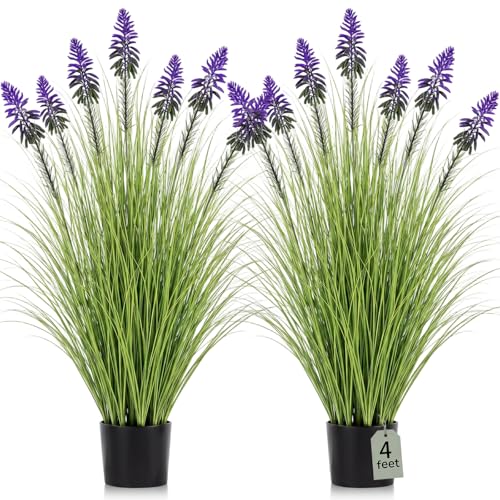 Jexine 2 Pieces 4 ft Artificial Tall Grass Plants Outdoor with Blue Cockscomb Flower Tall Artificial Grass Green Onions Plant Potted for Housewarming Gift House Garden Lobby Outdoor - color: Blue Cockscomb Flower