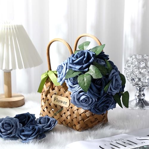100 Pcs Artificial Foam Rose Flower Faux Bouquet Wedding Fake Rose Gift for Mother's Day Women DIY Bridal Shower Party Table Birthday Home Spring Decor (Dusty Blue Shades) - color: Dusty Blue Shades