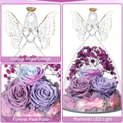 Mothers Day Rose Gifts for Women Preserved Real Flower in Glass Angel Figurines Roses for Delivery Prime Birthday Gifts for Mom Grandma Girlfriend Wife Her, Multi Purple - color: Multi Purple