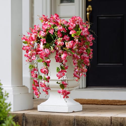 Hibiscus Artificial Hanging Flowers Plants for Outdoors 4 Pcs Fake Flower Faux Silk Hibiscus Long Trailing Vines Realistic Flower for Outside Front Door Porch Patio Balcony Garden Yard (4 Pcs Pink) - color: 4 Pcs Pink